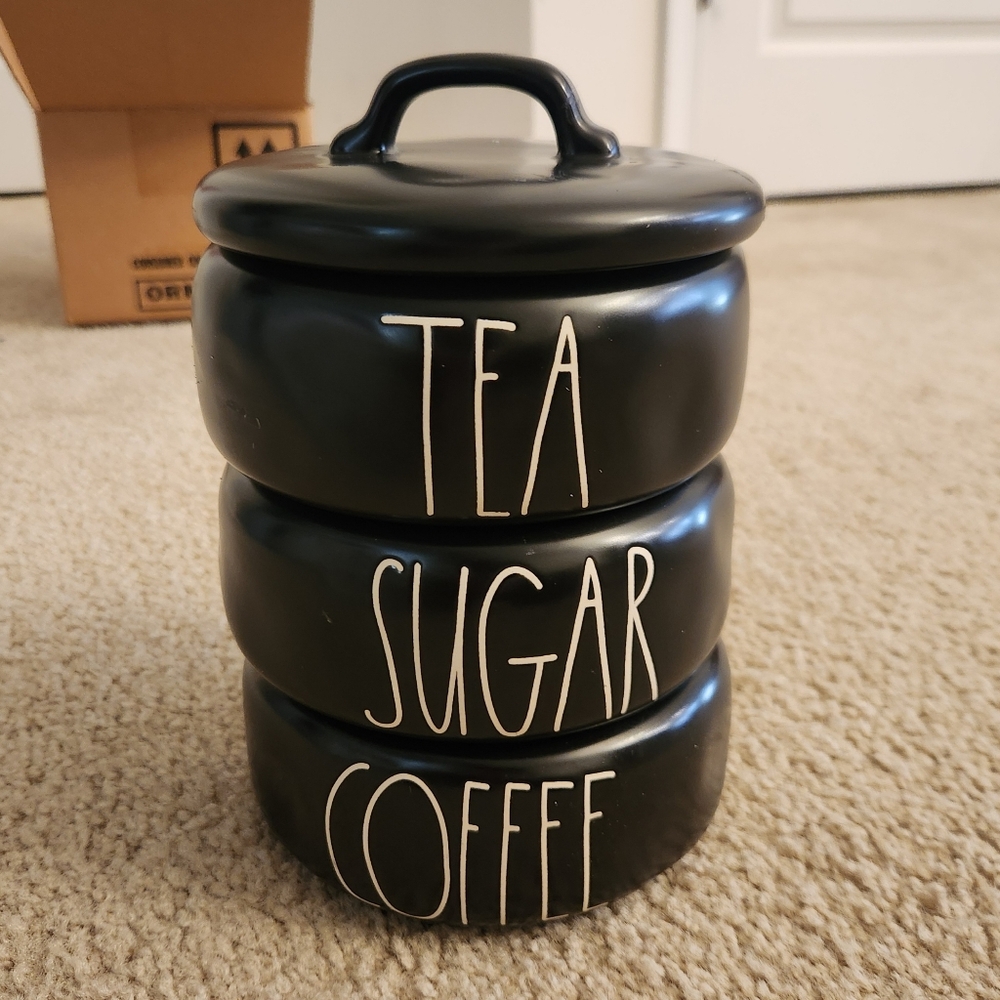 Rae Dunn‎ Stacksble Coffee Tea Sugar Ceramic Black Canister READ